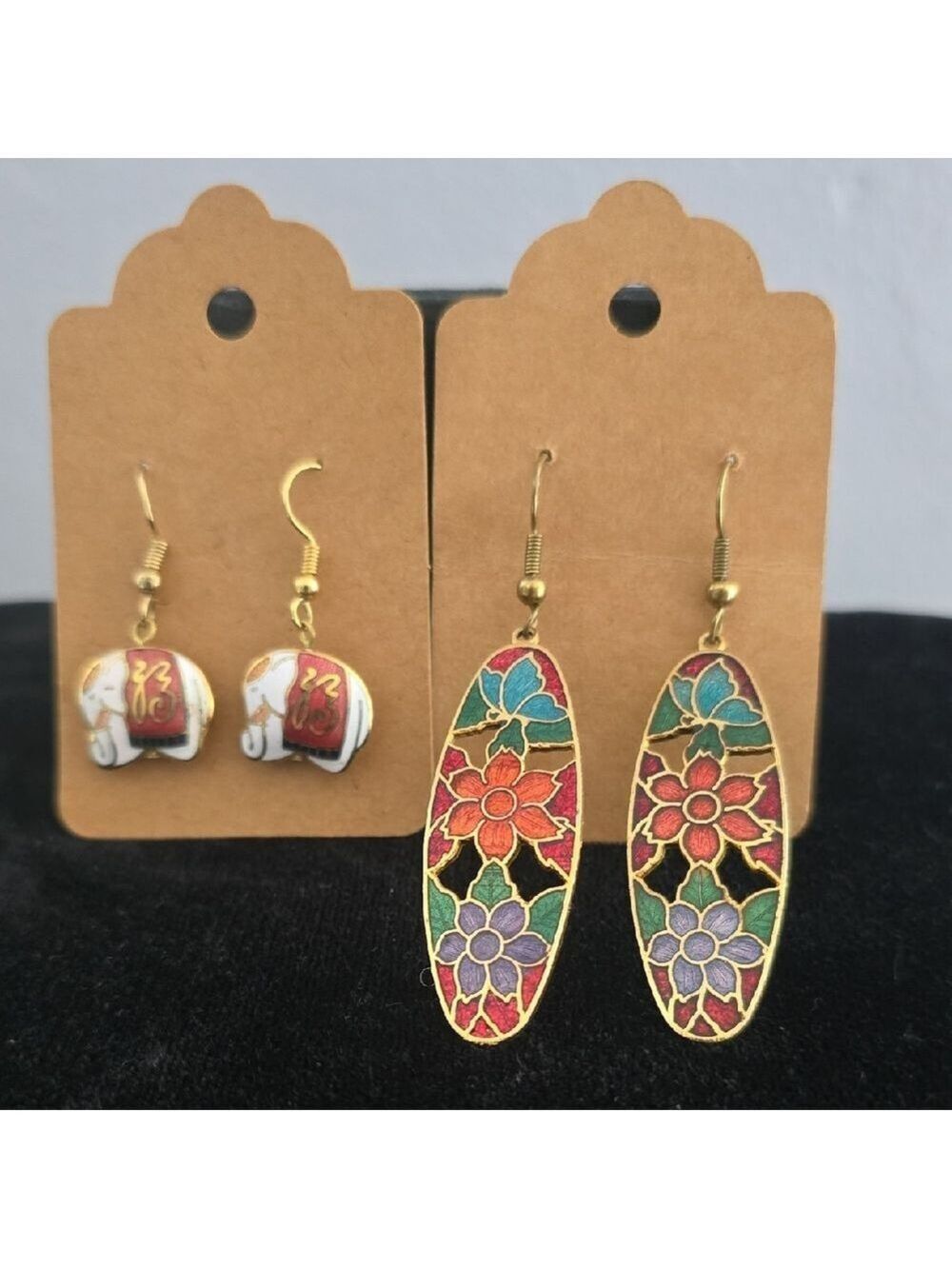 Two Pair Vintage Cloissonne Dangle Earrings, Puffed Elephant And Oval Floral